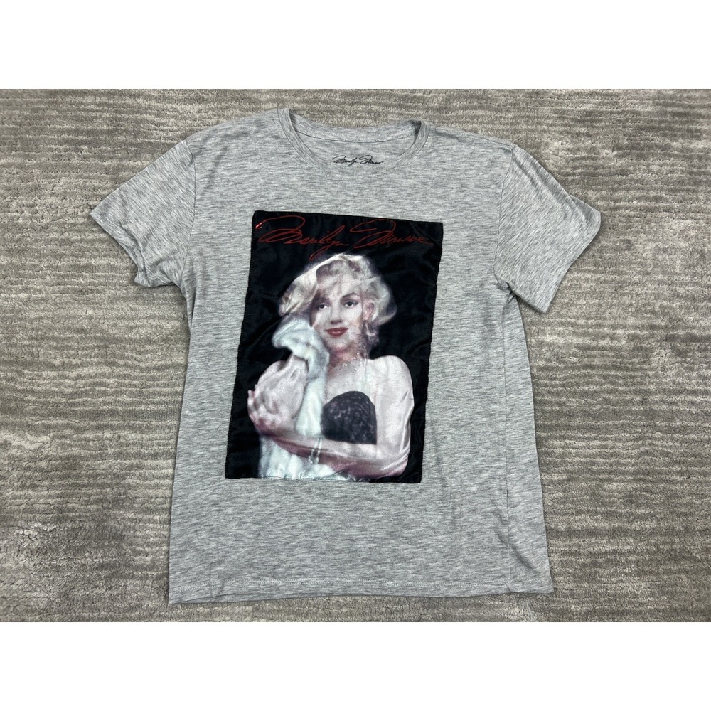 Marilyn Monroe T-Shirt Womens XS Gray Graphic Portrait Patch Crew Neck Casual